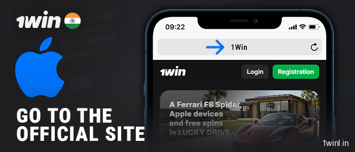 Open the 1Win online casino page in the Safari browser