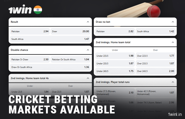 A variety of betting options for cricket matches at 1Win